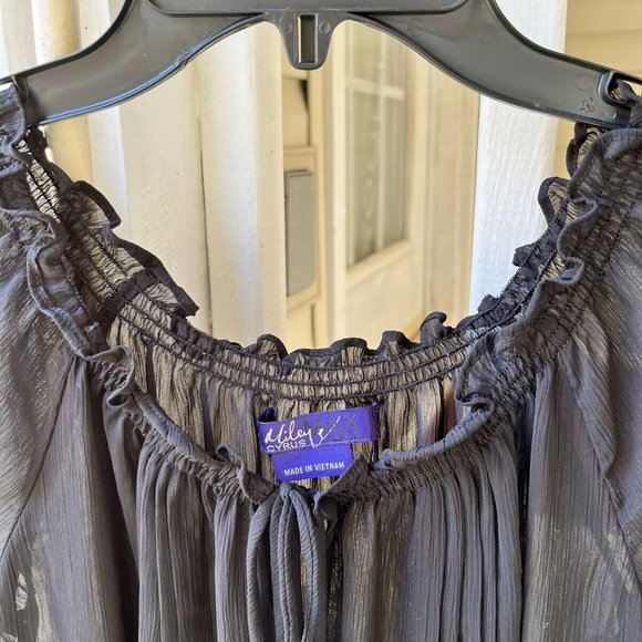 Miley Cyrus Max Azria Women Black Ruffle Boat Neck Surplice Sheer Blouse Size M - Picture 3 of 10